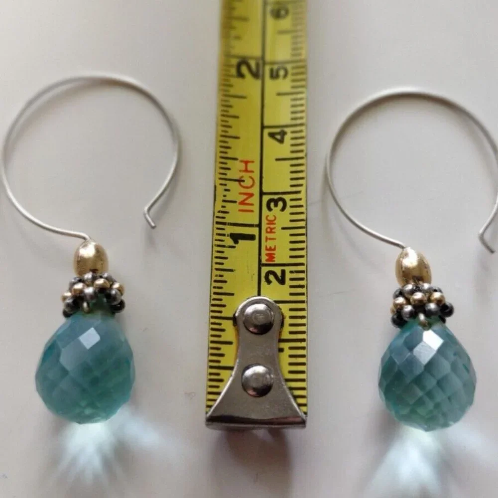 Teardrop Cut Aqua Glass Silver Hoop Dangle Earrings Approximately 2" tall - Picture 4 of 7
